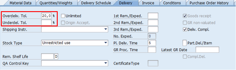 Set delivery tolerance Set delivery tolerance